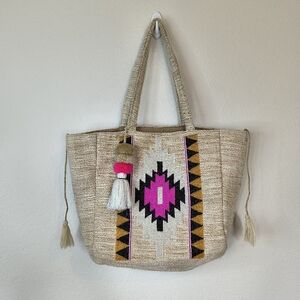 America & Beyond‎ Beaded Aztec Tribal Large Tote Shoulder Bag Jute